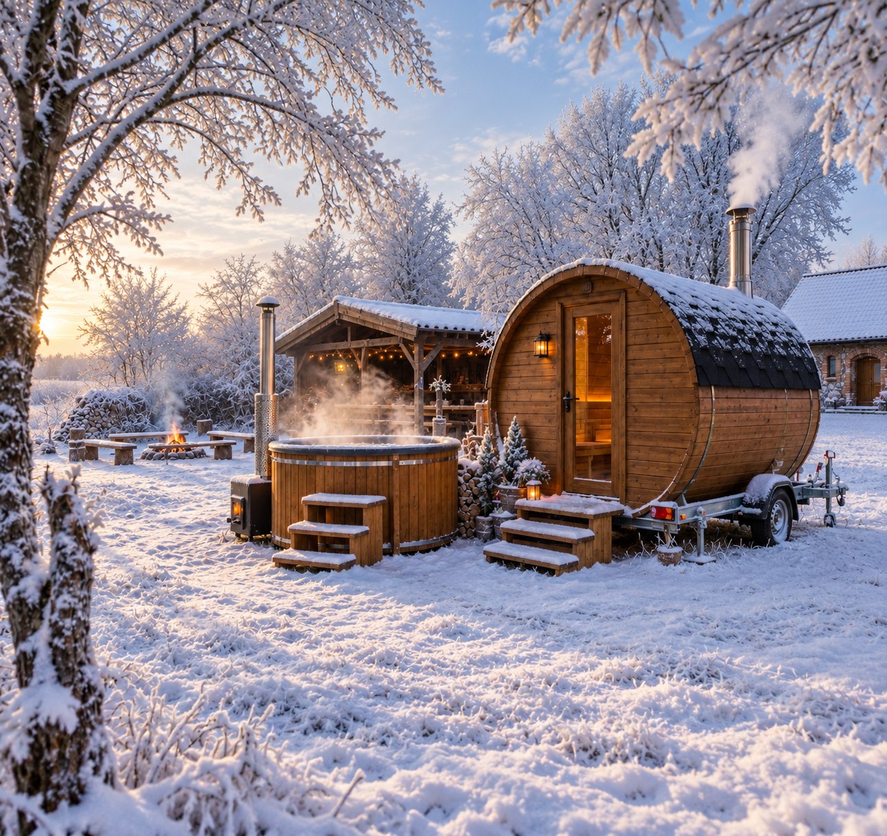Illustrative Darstellung einer mobilen Sauna mit Badezuber in winterlicher Campinglandschaft